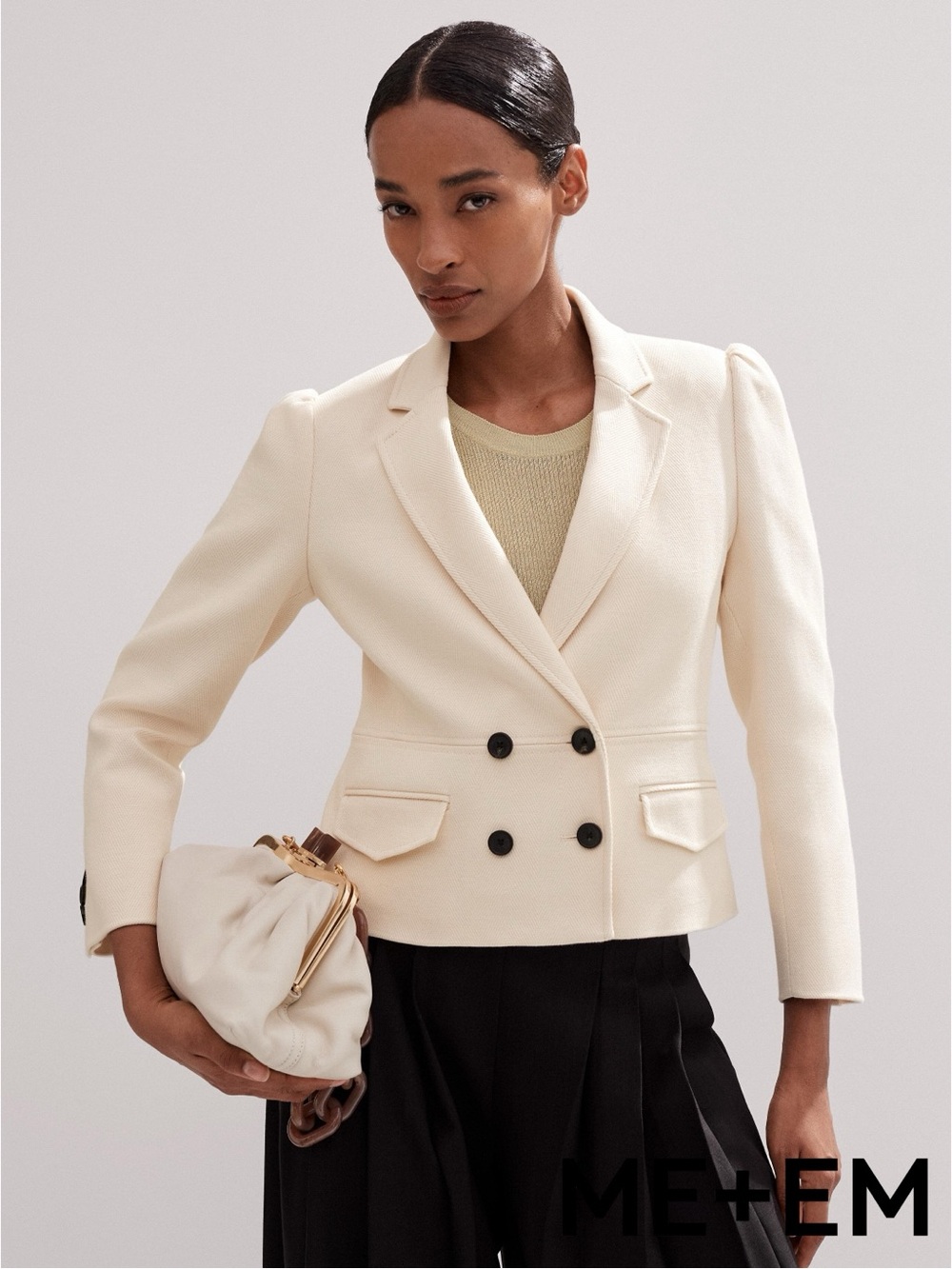 ME + EM Cotton Herringbone Double Breasted Stretch Fitted Blazer in Ecru